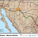 United States and Mexico border is highlighted in green and spans six Mexican states and four U.S. states, and has over twenty commercial railroad crossings.